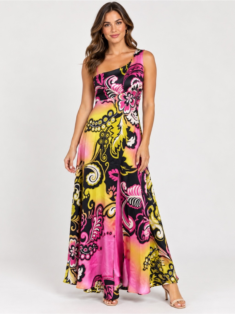 Mary L Couture Silk One Shoulder Maxi Dress Y2K Floral Vintage